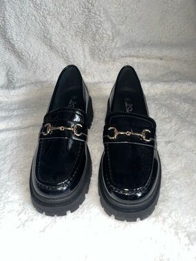 Black Patent Loafer with Gold Horsebit Hardware - Women